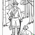 DALL·E 2024-01-17 18.13.42 - a coloring book page of a young hunter walking through the woods with his dog