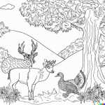 DALL·E 2024-01-17 18.14.06 - basic coloring book page for a child with deer, turkey, and other wildlife in a beautiful nature scene