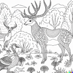 DALL·E 2024-01-17 18.14.13 - basic coloring book page for a child with deer, turkey, and other wildlife in a beautiful nature scene